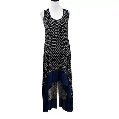 T Bags Dress Womens XS Black Blue Argyle Print High Low Ruffled Hem Sleeveless • $22.39