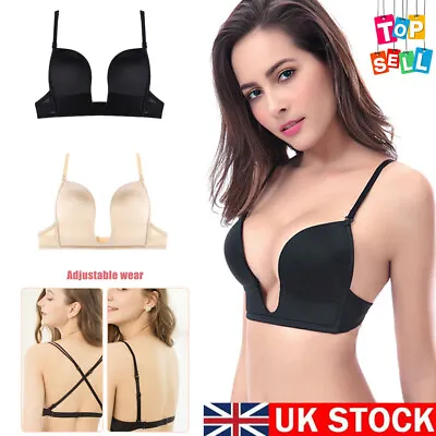 UK Lady Low Front Bra Deep Plunge U Shape Push Up Bra Flesh Breathable Lingeries • £6.54