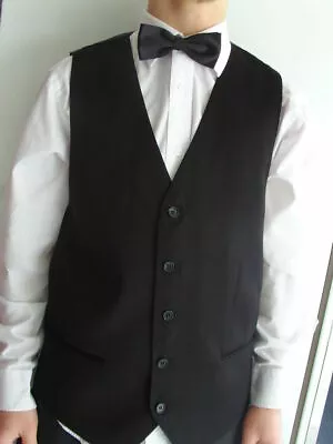  Mens-Women Waiters/Wedding Black Polyester Waistcoat  - L = 42 + Black Bow Tie • £22.44