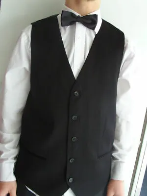  Unisex -Waiters Black Polyester Waistcoat- ML = 40 +Black Bow Tie & White Hanky • £22.33