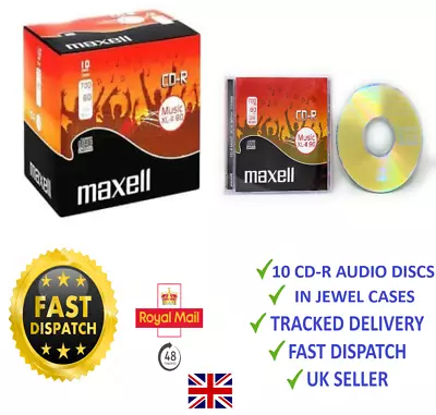 £11.99 • Buy 10 X Maxell Audio CD-R XL-II 80 MIN Recordable Blank Music Discs Jewel Cases