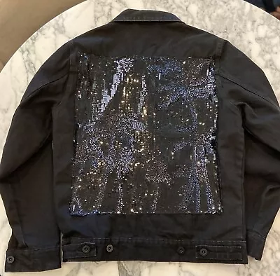 Zara Black Denim Jacket Mens Size M Palm Sequin Print In Back • $40