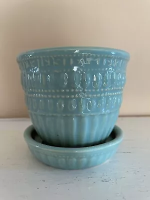 Vintage McCoy Small Flower Pot With Saucer Turquoise Glaze  • $17.50