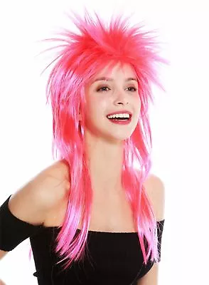 Wig Carnival Punk Mullet Rocker Wild 80s Wave Backcombs Long Red Pink • $9.73