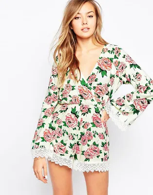 New Motel Floral Print Bell Sleeve Playsuit Party Holiday Summer Look Xxs Uk 6 • $24.87