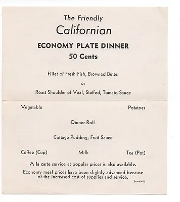 1941 Santa Fe Railroad   Californian   Economy Plate Dinner Menu  • $19.99