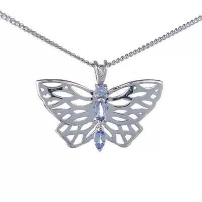 Natural Tanzanite Butterfly Necklace Sterling Silver Blue Gemstone Handmade Box • £59.95