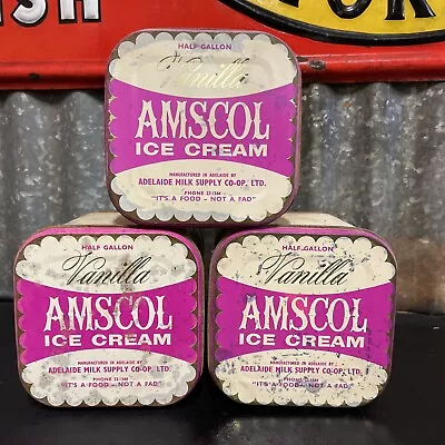 3 X VINTAGE 1960s AMSCOL VANILLA ICE CREAM TINS HALF GALLON ADELAIDE MILK CO-OP • $38.90