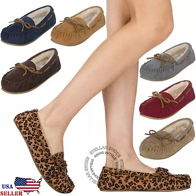 Women’s Moccasin Slippers Suede Fur Lined House Shoes Slip On Loafers Moccasins • $22.99