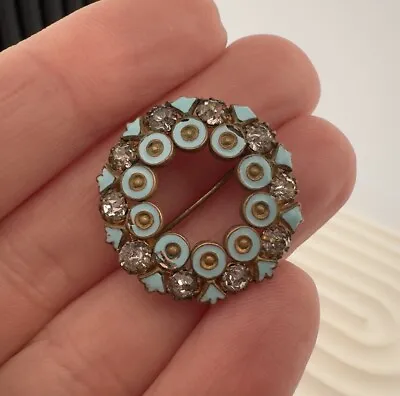 Antique! ~ Mourning Brooch? Turquoise Enamel & Crystal Rhinestone Pin ~ C Clasp • $25