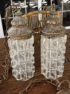 Vintage Double Pendant Long Swag Lamp Light Fixture Hollywood Regency Ceiling • $200