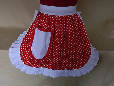 RETRO VINTAGE 50s STYLE HALF APRON / PINNY - RED & WHITE With WHITE TRIM • £19.99