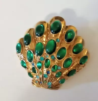 Vintage Monet Gold Tone & Green Glass Shell Brooch. 2 3/4  X 1 3/4  • $21.50