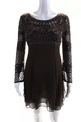 Naeem Khan Riazee Nights Womens Beaded Mesh Tiered Silk Dress Brown Size 4 • $140.41