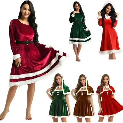 Womens Long Sleeve Xmas Miss Santa Midi Swing Dress Plus Size Christmas Costume • $25.38
