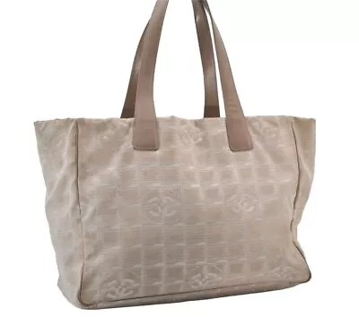 Authentic CHANEL New Travel Line Shoulder Tote Bag Nylon Leather Beige 0695J • $1.75