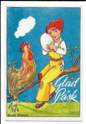 Happy Easter Sweden Artist Signed Margit Broberg Ekstam Rooster Egg On Branch PC • $5