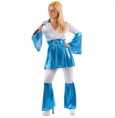 1970's Mamma Mia Blue & White Abba Ladies Fancy Dress Costume Top & Flares • £26.99