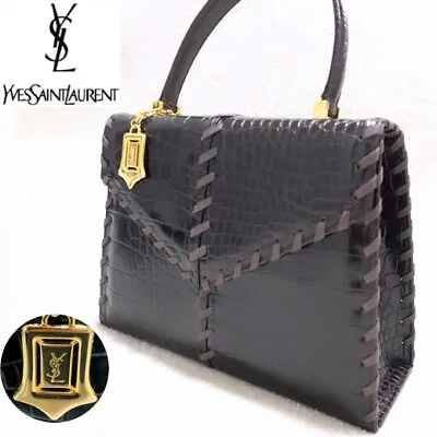 Auth Yves Saint Laurent Dark Brown Embossing Leather Handbag Bag Vintage YSL • $450