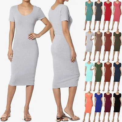 TheMogan Womens Short Sleeve Scoop Neck Stretch Jersey Bodycon Pencil Midi Dress • $16.99