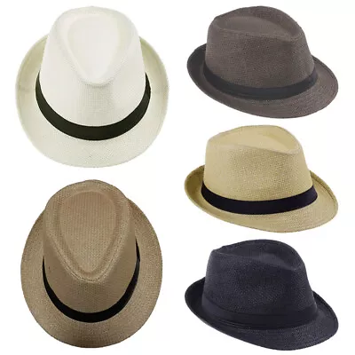 Unisex Straw Fedora Panama Hat Summer Sun Short Brim Floral Trilby Cuban Cap Hat • $19.54