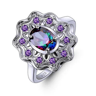 Elegant 925 Sterling Silver Rainbow Mystical Topaz Amethyst Wedding Ring Size 9 • $19.74