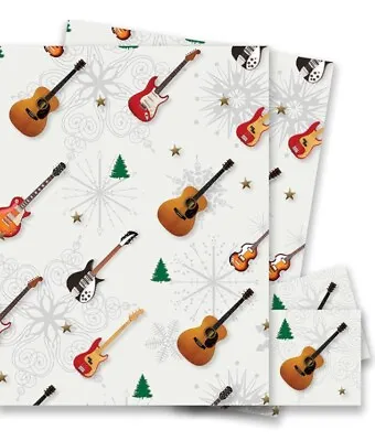 4 X Sheets Of White Christmas Guitar Gift Wrap 70x50cm Wrapping Paper And Tags • £4.50