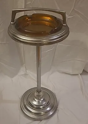 Vintage Art Deco Standing ASHTRAY Chrome Finish With Amber Glass Bowl • $64.99
