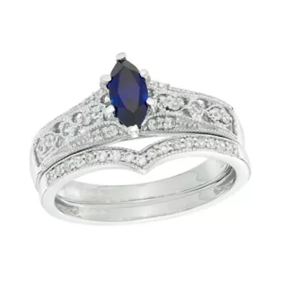 Vintage-Style Bridal Ring Set 10K White Gold Blue Sapphire & Natural Diamond • $1511.66