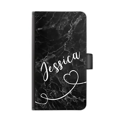 Personalised Name PU Leather Phone Case White Heart Line Black Marble Flip Cover • $32.58