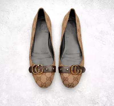 Gucci GG Ballet Pumps 37.5 Authentic Flat Brown Monogram Logo Gold Canvas 4.5 • £165