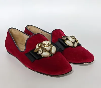 $249 • Buy Gucci Etoile Faux Pearl Embellished Red Velvet Loafers Size 37 EU | 7 US | 3 UK