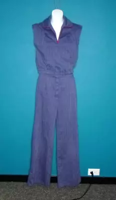 Vtg 70s Groovy The Suit Brand Blue Twill Top & Wide Leg Pants Pleather Trim Sz S • $64