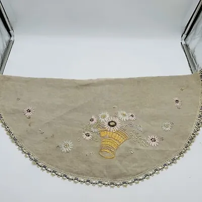 Round Table Topper Hand Embroidered Beige Flowers Daisies 30” Tablecloth READ • $13.59