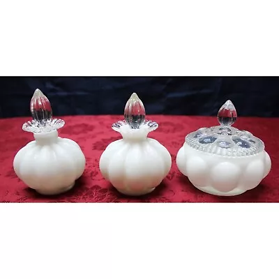 1940's Fenton Milk Glass & Clear 3 Piece Melon Dresser Vanity Set • $75