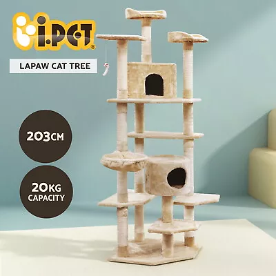I.Pet Cat Tree Tower Scratching Post Scratcher 203cm Condo Trees House Bed Beige • $102.95
