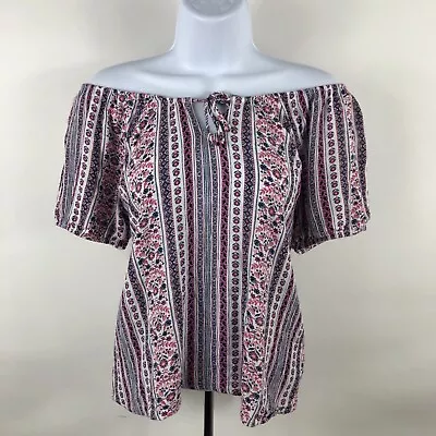 Mudd Blouse Medium Floral Striped Short Sleeve Off Shoulder Peasant Shirt Rayon • $6.49