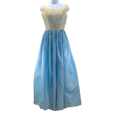 Bespoke Vintage Embroidered Ball Gown Dress Size 10 Blue Taffeta A-Line Maxi • $85
