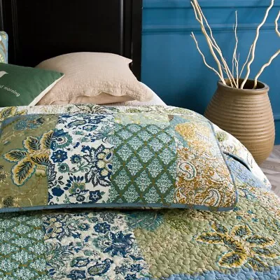 Qucover Patchwork Quilted Bedspread Double 100% Cotton Retro Chic Paisley Printe • £50.48