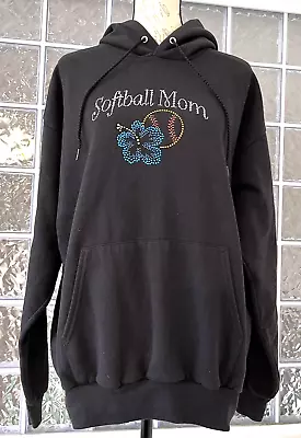 HANES Women's Black Pullover Hooded Softball Mom Rhinestone Bling Sweatshirt  L • $11.99