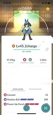 Lucario Pokemon Trade Go Lv45 Unlocked 2 Charge Master Pvp Pokémon Go • $11