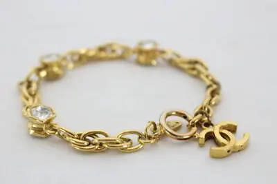 CHANEL Chain Bracelet Rhinestones CC Logo Charm Gold Plated Vintage Authentic • $570.08
