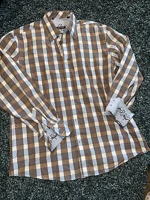 ZAGIRI Button Up Shirt Mens Size XL Embroidered Flip Cuff Stripes Brown And Blue • $10.48