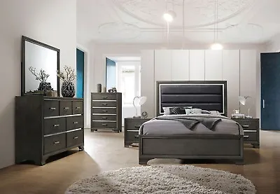 Modern Gray Finish & Fabric - 5 Piece Queen King Bedroom Set - NEW Furniture ABL • $1768.89