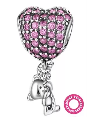 Sparkling Pink Heart Hanging Bear Charm Bead For Bracelet S925 Sterling Silver • £9.99