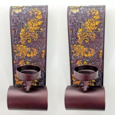 Pair (2) Mosaic Glass Wall Sconce Candleholder Set In Brown And Gold 11  Tall • $25.50