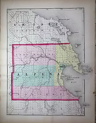 1873 Plat Map ~ THUNDER BAY ALPENA Co. MICHIGAN / PRESQUEISLE Co. On Reverse • $45.95