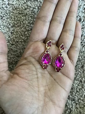 Fuchsia Earrings Hot Pink Long Dangle Pageant Rhinestone Crystal Gold 1.5” • $13