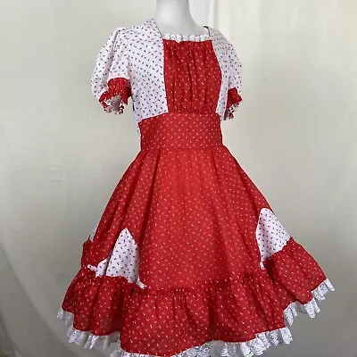 Square Dance DRESS Vintage Red White Floral Lace Trim  VINTAGE  • $65