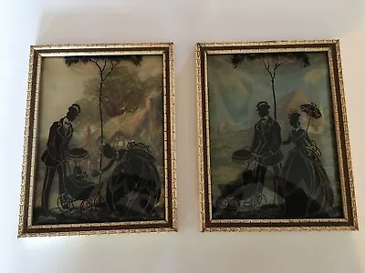 Vintage Convex Glass Silhouette Reverse Painting Couple With Baby Set Of 2 • $24